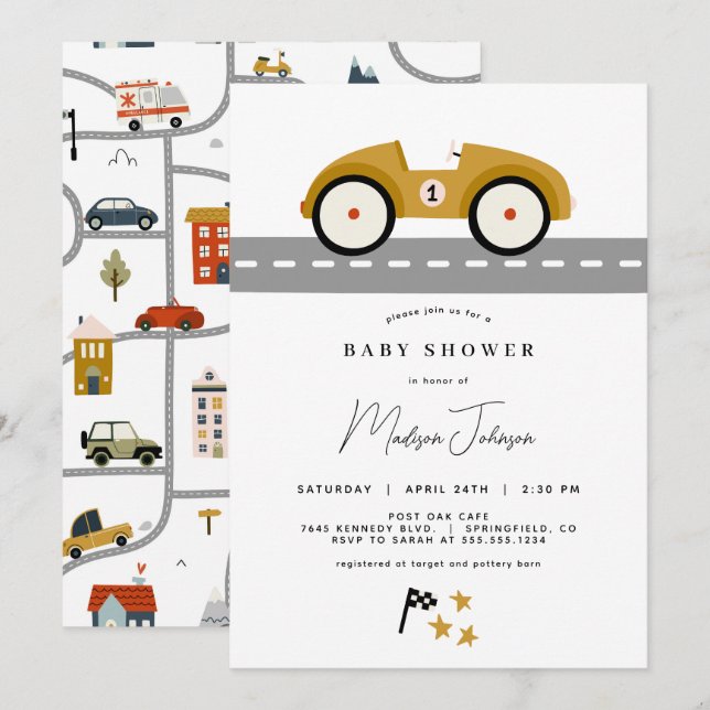 Race Car Baby Shower Einladung (Vorne/Hinten)