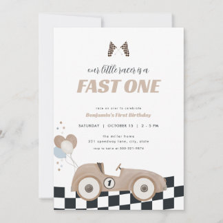 Race Car Beige Fast One First Birthday Invite  Einladung