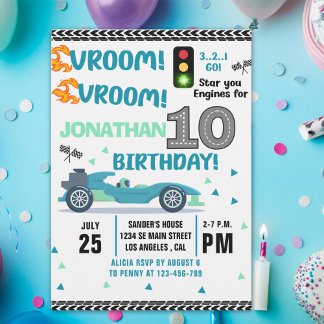 Race Car Birthday 10th - Boys Racin Party Einladung