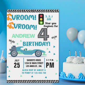 Race Car Birthday 4th - Boys Racin party Einladung