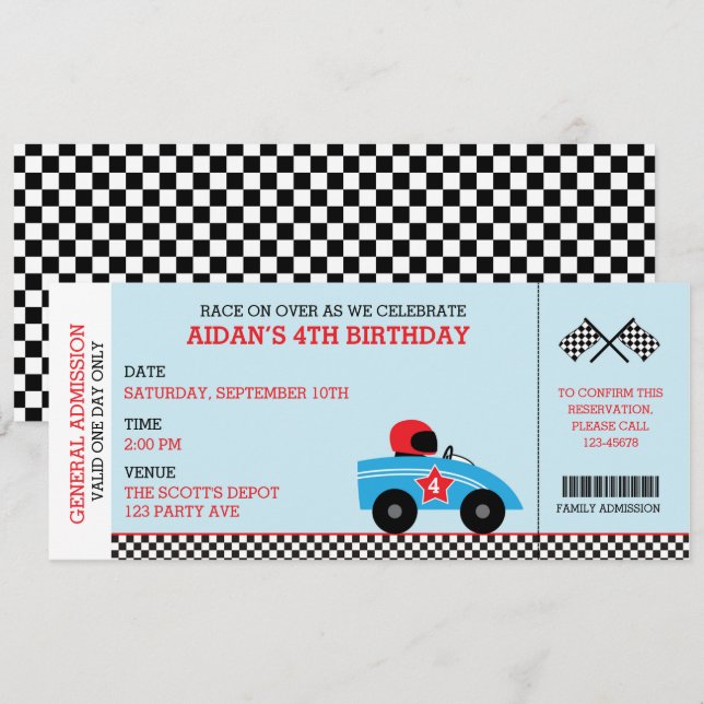Race Car Birthday Einladungen Boarding Ticket (Vorne/Hinten)