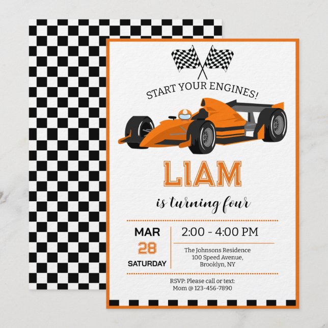 Race Car Birthday Party Invitation (Devant / Derrière)