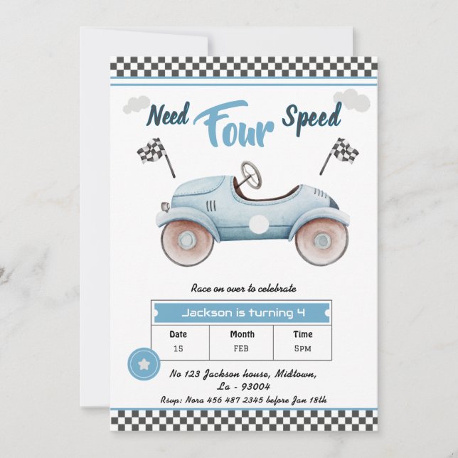Race Car blue Vintag braucht vier Geschwindigkeite Einladung (Vorderseite)