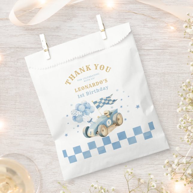 Race Car Blue Watercolor Boy First Birthday Geschenktütchen (Ausgeschnitten)