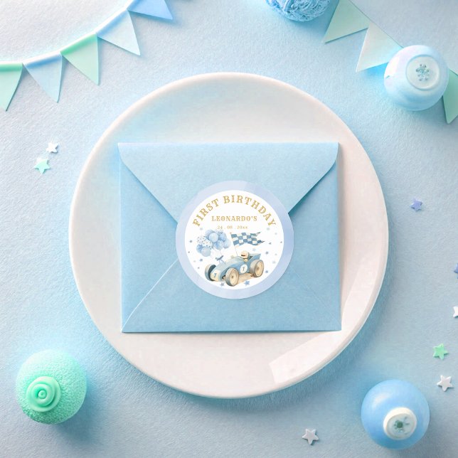 Race Car Blue Watercolor Boy First Birthday  Runder Aufkleber (Von Creator hochgeladen)