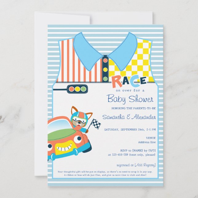 Race Car Boy Blue Fox Race Car Driver Baby Dusche Einladung (Vorderseite)