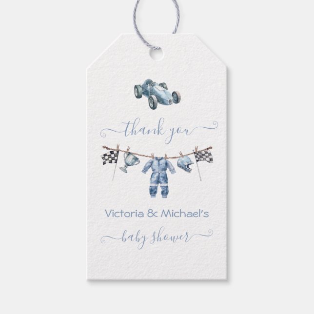 Race Car Clothesline Boy Baby Shower Geschenkanhänger (Vorderseite)
