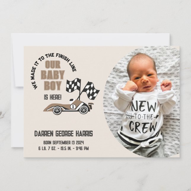 Race Car Crew Baby Boy Geburtserklärung Ankündigung (Vorderseite)