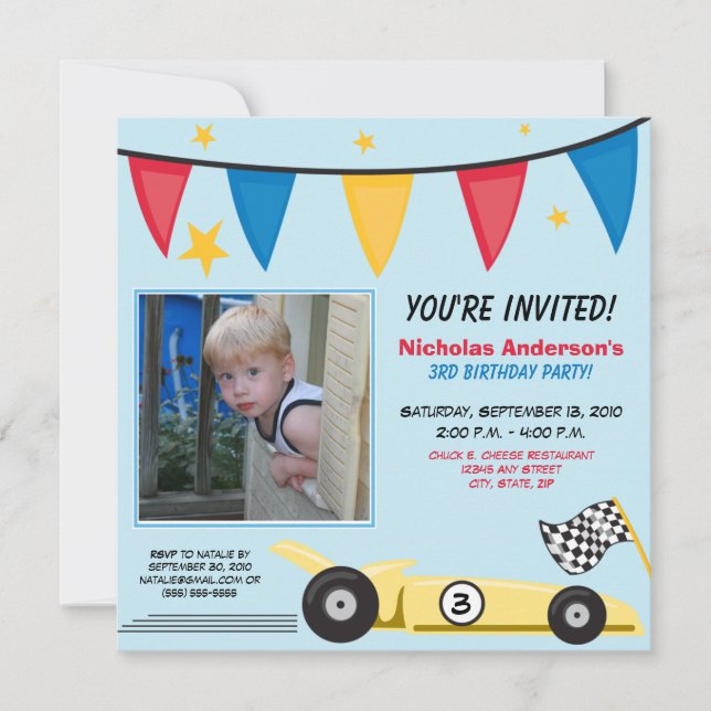 Race Car Custom Birthday Party Einladung (blau) (Vorderseite)