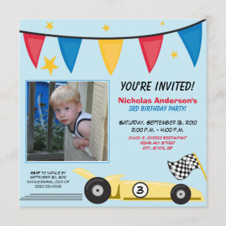 Race Car Custom Birthday Party Einladung (blau)