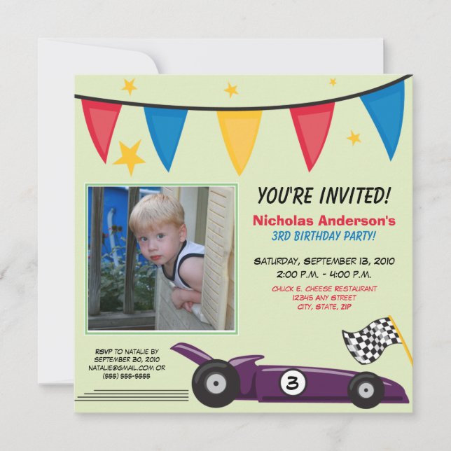 Race Car Custom Birthday Party Einladung (grün) (Vorderseite)