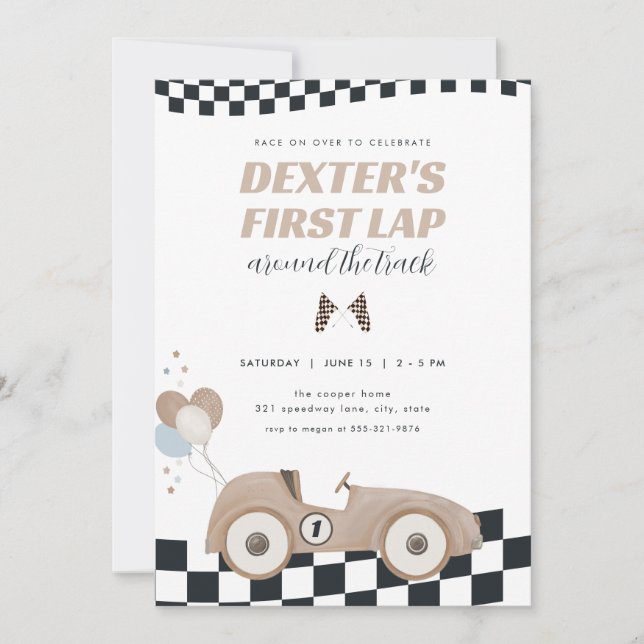 Race Car First Lap Around the Track 1st Birthday Einladung (Vorderseite)