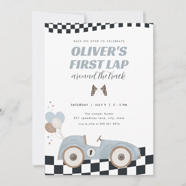 Race Car First Lap Around the Track 1st Birthday Einladung (Vorderseite)