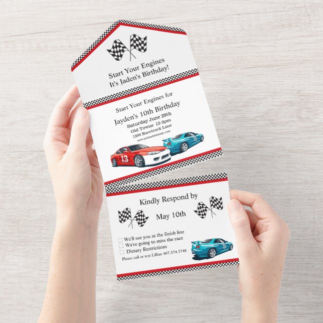 Race Car Geburtstag, 10. Geburtstag Einladung (Abreißen)