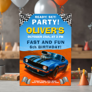 Race Car Geburtstagsparty mit blauem Frisierte Aut Einladung