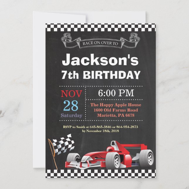 Race Car Invitation Anniversaire. Soirée d'anniver (Devant)