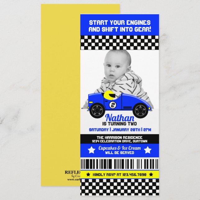 Race Car Modèle photo Anniversaire Fête Invitation (Devant / Derrière)