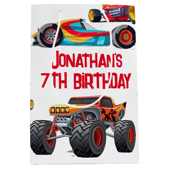 Race Car Monster LKWs Racing Birthday Mittlere Geschenktüte (Vorderseite)