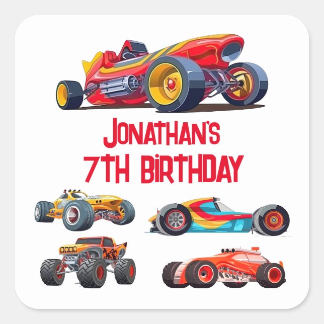 Race Car Monster LKWs Racing Birthday Quadratischer Aufkleber (Vorderseite)