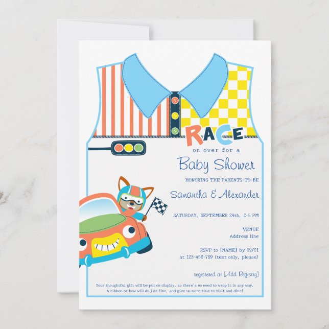 Race Car Niedlich Boy Fox Race Car Driver Baby Dus Einladung (Vorderseite)