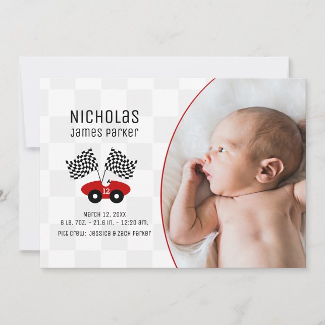 Race Car Schachbrett Flag Geburt mit Foto Einladung (Vorderseite)