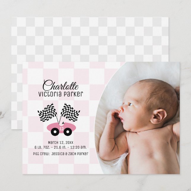 Race Car Schachbrett Flag Geburt mit Foto Rosa Einladung (Vorne/Hinten)