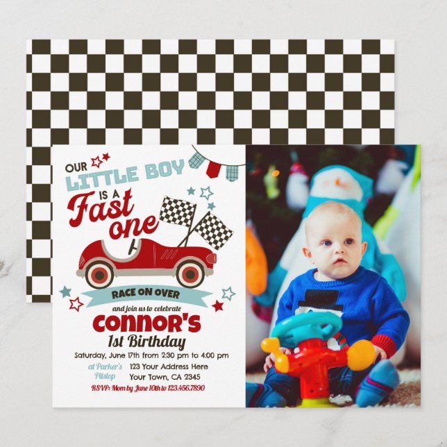Race Car Themed Party Einladung für den 2. Geburts (Vorne/Hinten)