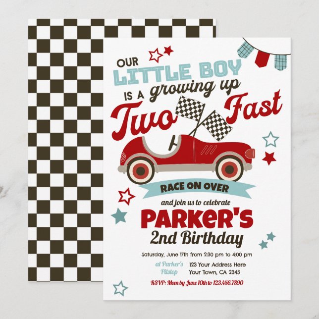 Race Car Themed Party Einladung für den 2. Geburts (Vorne/Hinten)