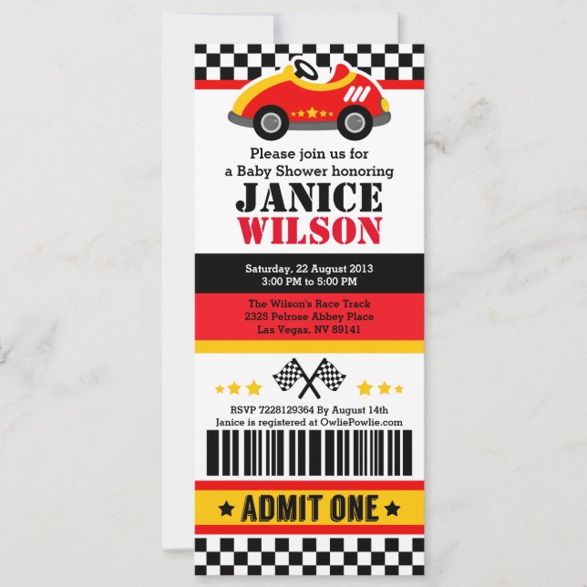 Race Car Ticket Pass Kinderdusche Party Einladung (Vorderseite)