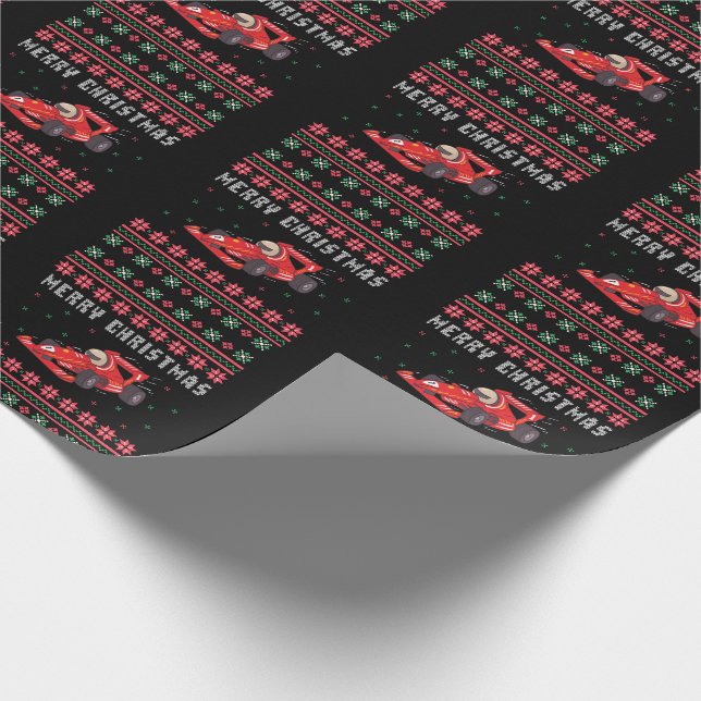 Race Car Ugly Christmas Sweater Geschenkpapier (Ecke)