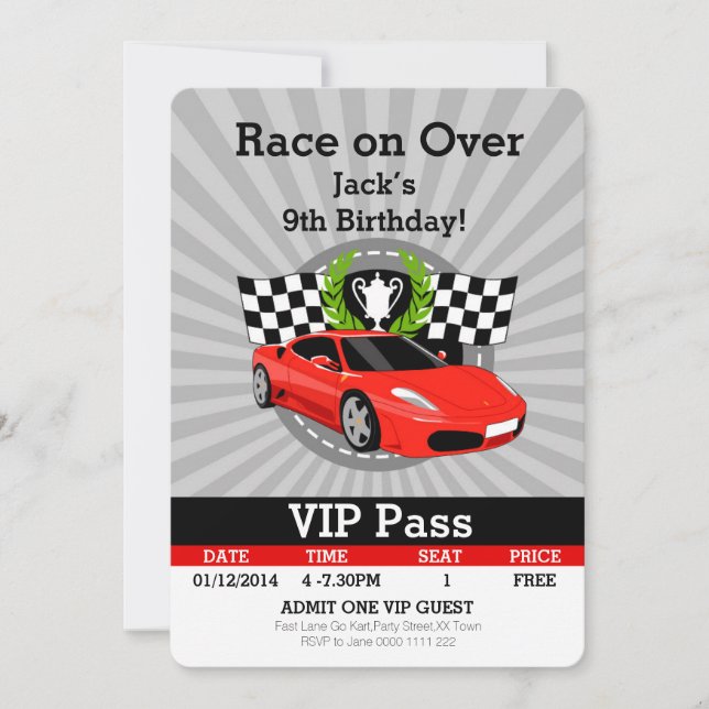 Race Car VIP Pass Invitation anniversaire! (Devant)