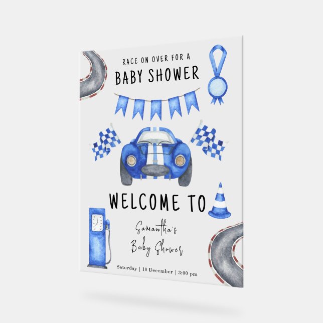 Race Car Welcome Baby Dusche Acrylschild (Winkel)