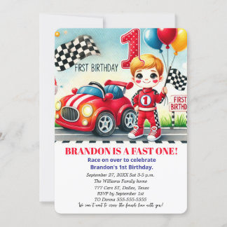 Race On Over Red Car 1st Birthday Boy Kids Einladung