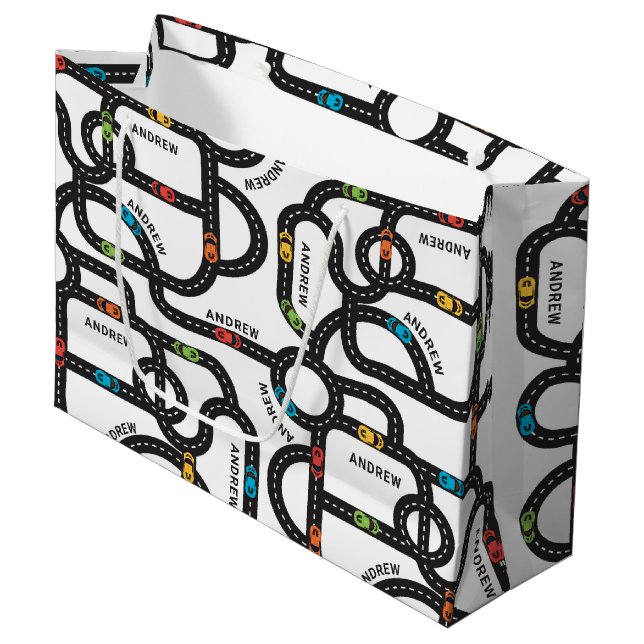 Race Track Boys Geburtstag White Große Geschenktüte (Vorderseite Schrägansicht)