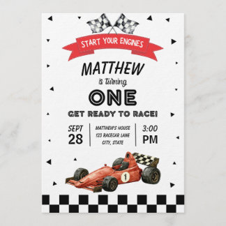 Racecar First Birthday Retro Watercolor Einladung