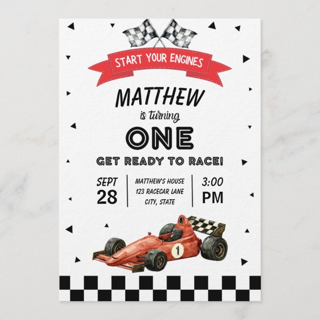 Racecar First Birthday Retro Watercolor Einladung (Vorderseite)