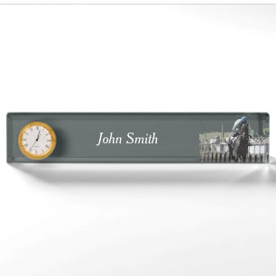 Racehorse mit Jockey in Blue Desk Name Plate Namensplakette
