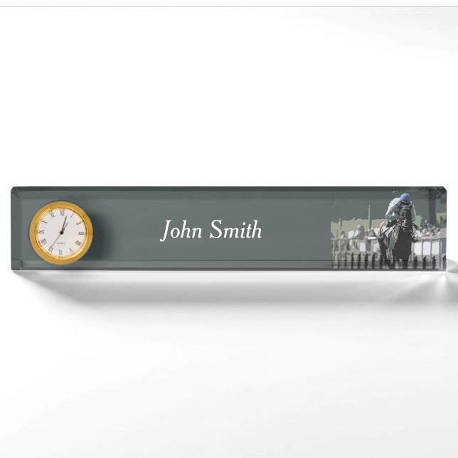 Racehorse mit Jockey in Blue Desk Name Plate Namensplakette (Vorderseite)