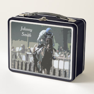 Racehorse mit Jockey in Blue Metal Lunchbox