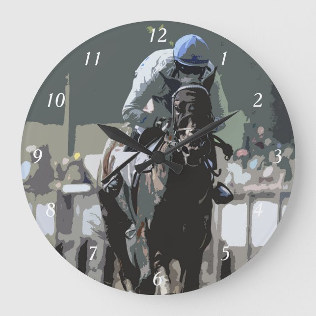 Racehorse mit Jockey in Blue Wall Clock Große Wanduhr (Vorderseite)