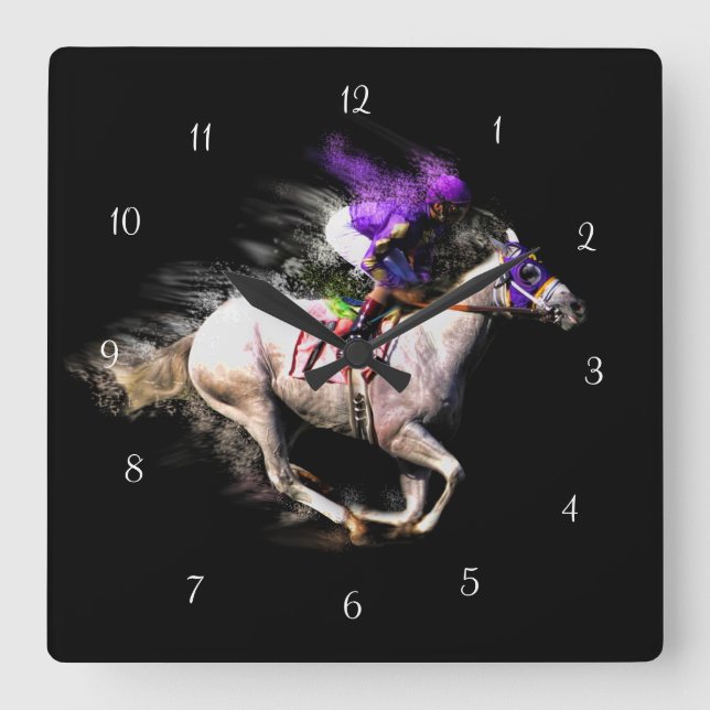 Racehorse und Jockey Artistic Quadratische Wanduhr (Vorderseite)