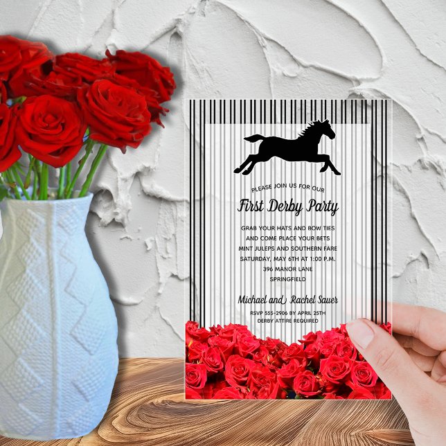 Racehorse und Rose Derby Party Acryleinladungen (Derby race horse, red roses and stripes acrylic invitations - order clear or frosted)