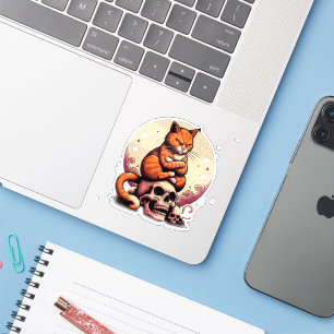 Rachsüchtige orange Katze, Totenköpfe und Mond Aufkleber
