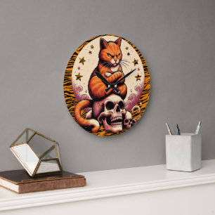 Rachsüchtige orange Katze, Totenköpfe und Mond Große Wanduhr