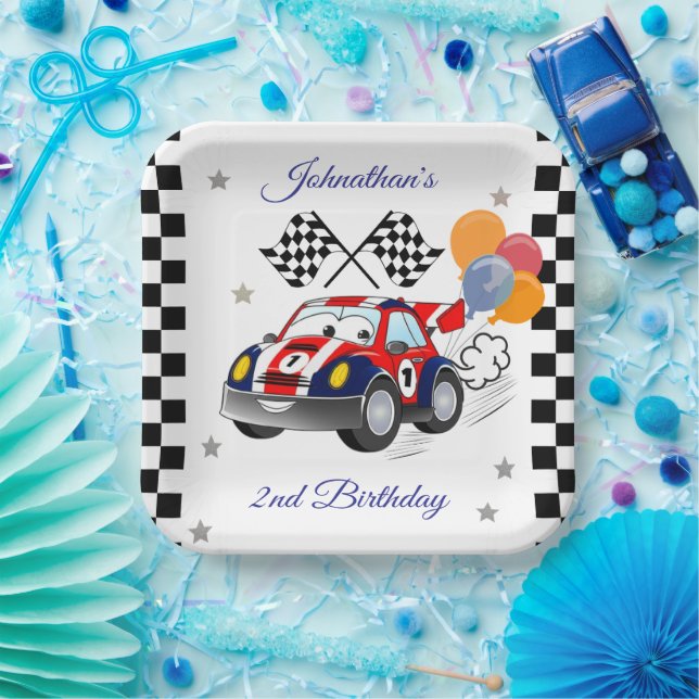 Racing Birthday Party | Race Car & Checked Flag Pappteller (Party)