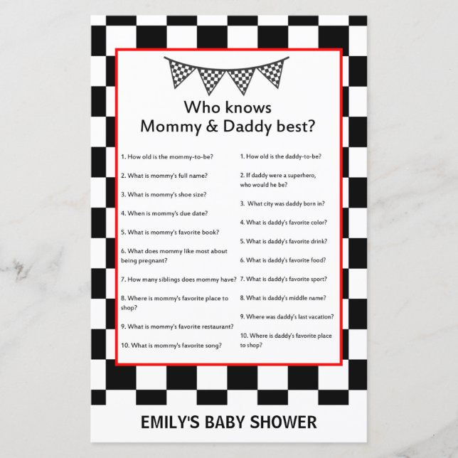 Racing Car Baby Shower Game PRINTED (Vorderseite)