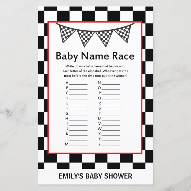 Racing Car Baby Shower Game PRINTED (Vorderseite)