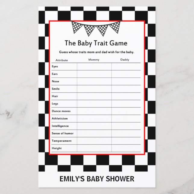 Racing Car Baby Shower Game PRINTED (Vorderseite)