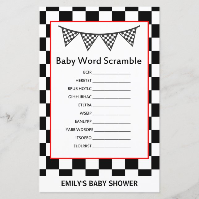 Racing Car Baby Shower Game PRINTED (Vorderseite)