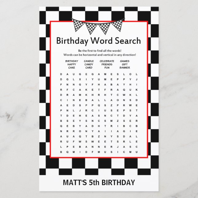 Racing Car Birthday Game PRINTED (Vorderseite)